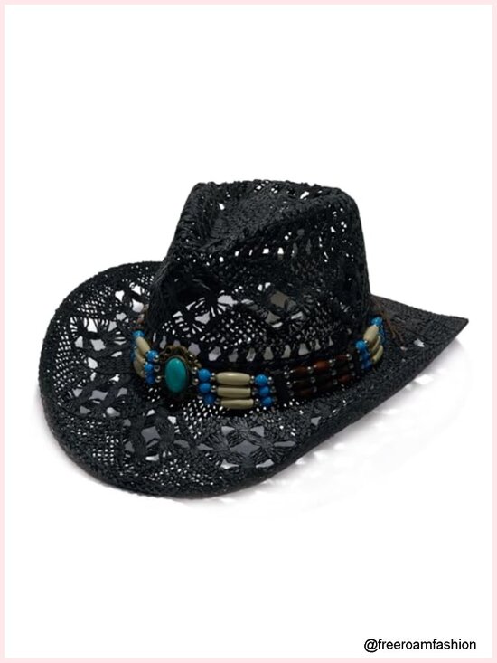 Unisex Wide Brim Raffia Cowboy Hat with Decorative Band main image 4